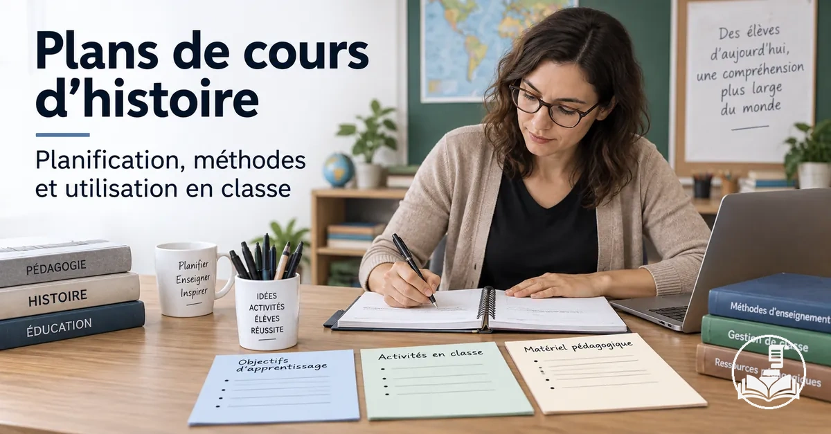 Enseignant préparant un cours d’histoire avec des objectifs, des activités et du matériel pédagogique