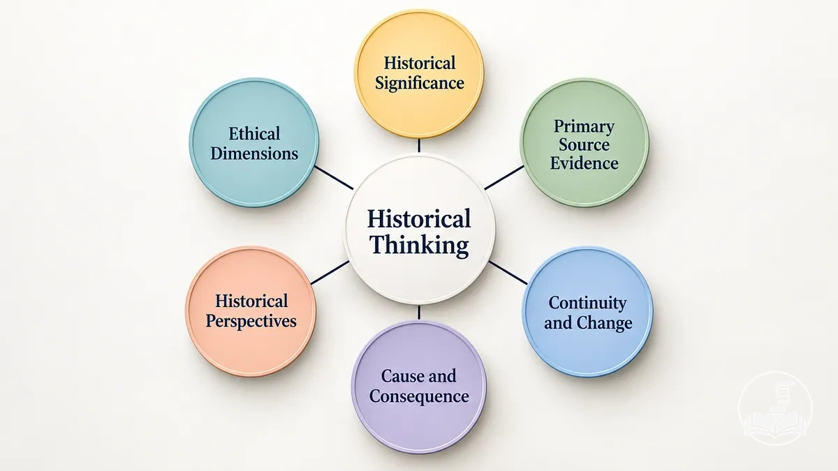 Diagramme montrant six concepts de pensée historique utilisés pour raisonner sur le passé