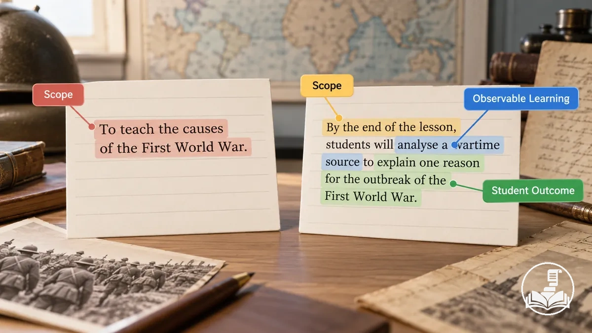 Objectifs de cours d’histoire faibles et améliorés illustrant le périmètre, l’apprentissage observable et les résultats des élèves