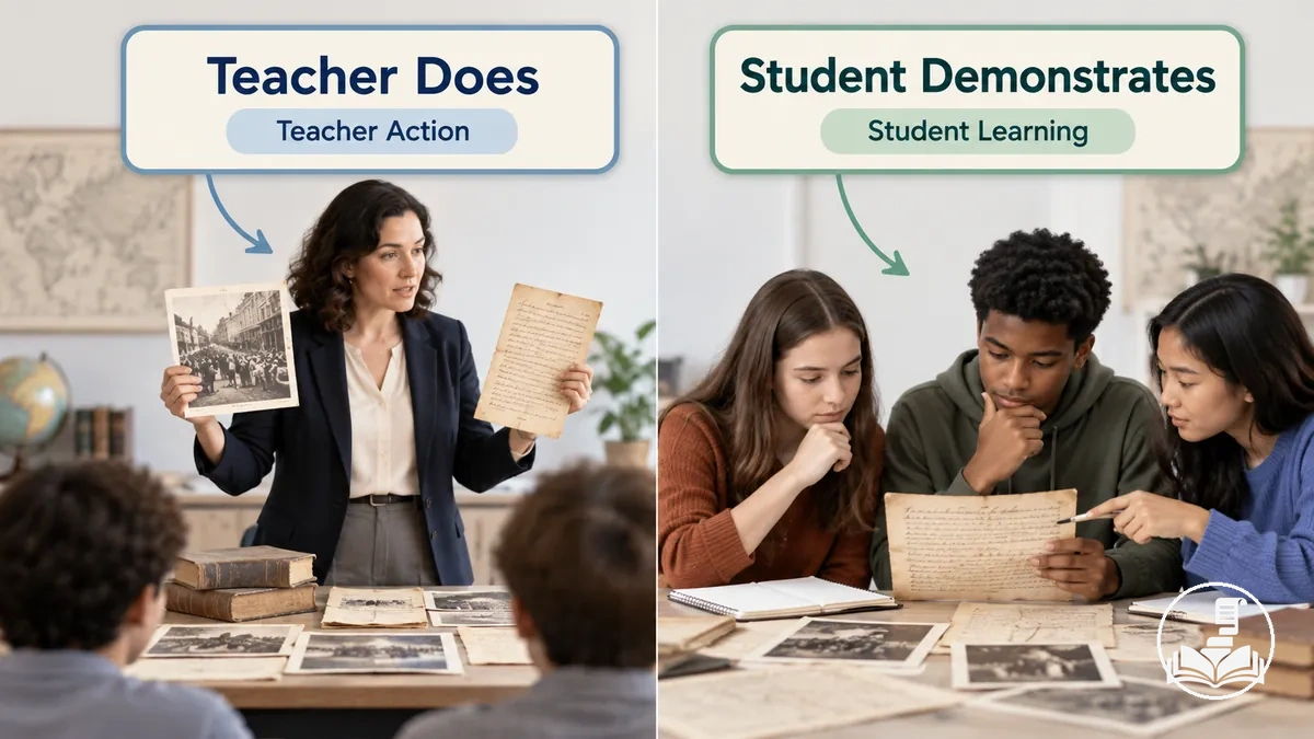 Objectifs d’histoire centrés sur l’action de l’enseignant et sur l’apprentissage des élèves, illustrant qui effectue l’action énoncée