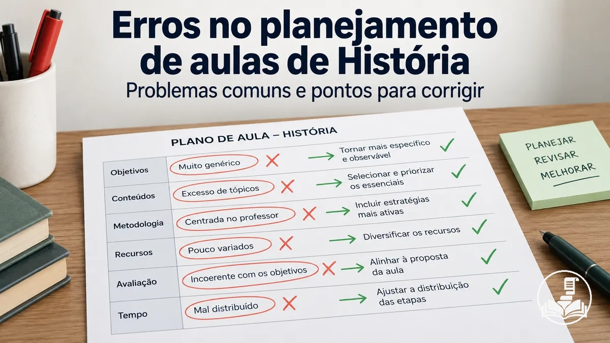 Plano de aula de História com erros comuns de planejamento e pontos que precisam de correção