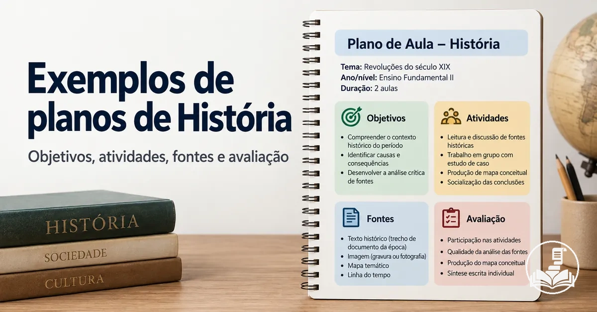 Exemplo de plano de aula de História com objetivos, atividades, fontes e avaliação