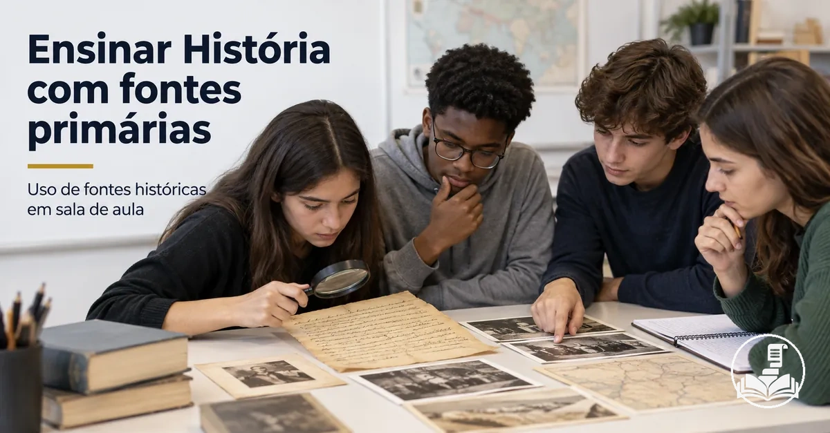 Alunos analisando fontes primárias históricas durante uma aula de História