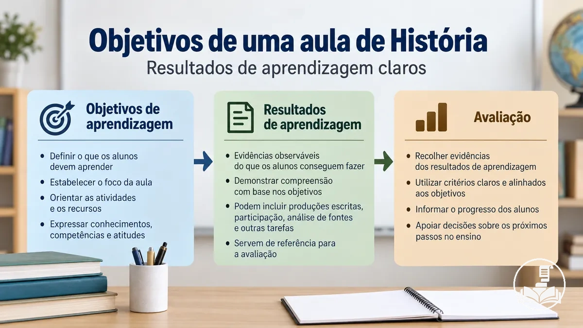 Objetivos de aprendizagem de uma aula de História ligados aos resultados dos alunos e à avaliação