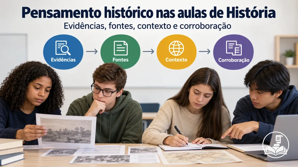 Alunos analisando evidências, fontes, contexto e corroboração em uma aula de História