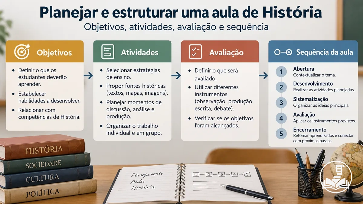 Plano de aula de História organizado em objetivos, atividades, avaliação e sequência da aula