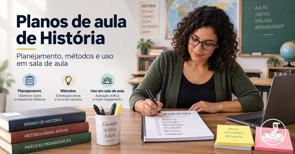 Professor planejando uma aula de História com objetivos, atividades e materiais para a sala de aula