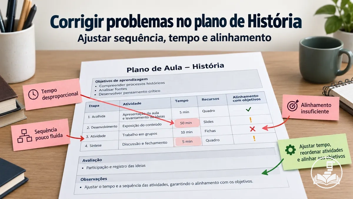 Plano de aula de História sendo revisado para corrigir problemas de tempo, sequência e alinhamento com os objetivos