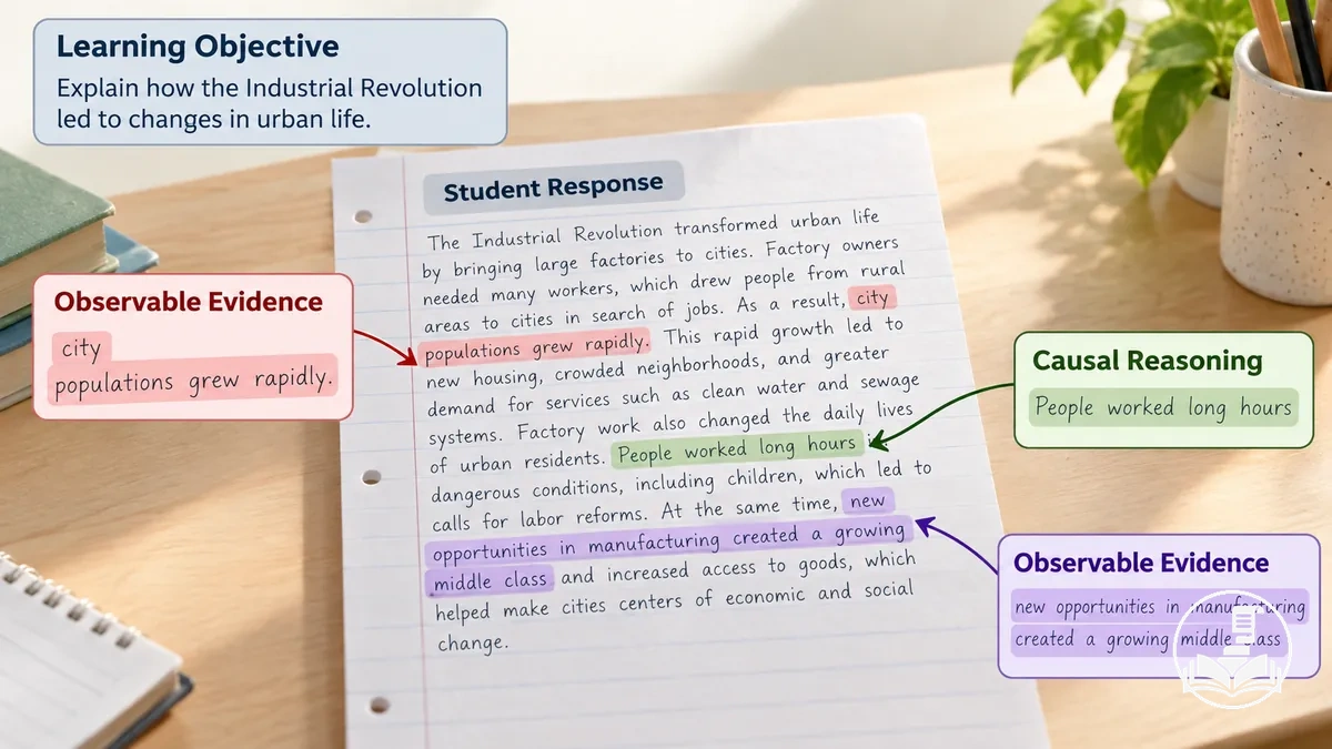 Resposta anotada de estudante de História mostrando evidências que correspondem a um objetivo de aprendizagem