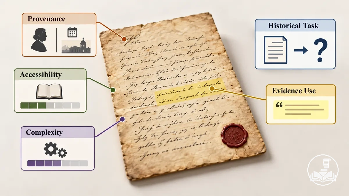 Exemplo de fonte histórica anotada mostrando proveniência, relevância para a tarefa, acessibilidade, complexidade e uso da evidência
