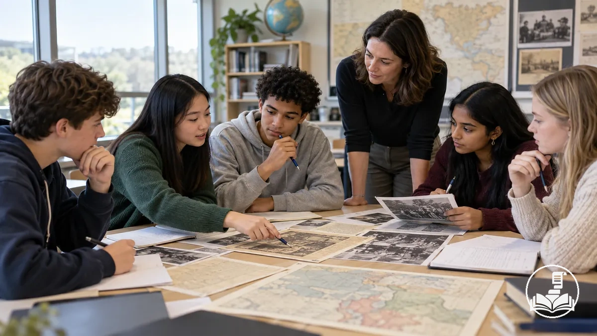 Alunos usando evidências históricas e contexto para fundamentar uma interpretação em sala de aula