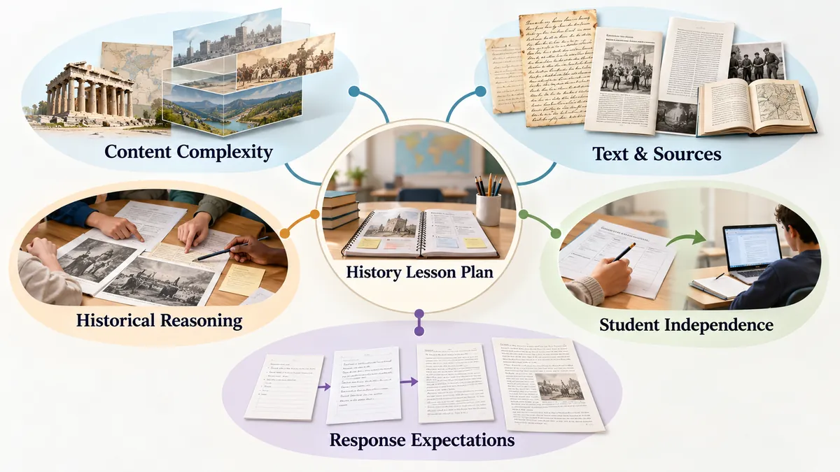 Diagrama que mostra complexidade de conteúdo, texto e fontes, raciocínio histórico, independência do estudante e expectativas de resposta em torno de um plano de aula de História