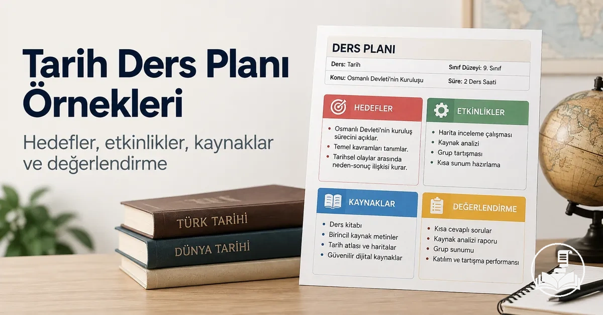 Hedefler, etkinlikler, kaynaklar ve değerlendirme içeren örnek Tarih ders planı