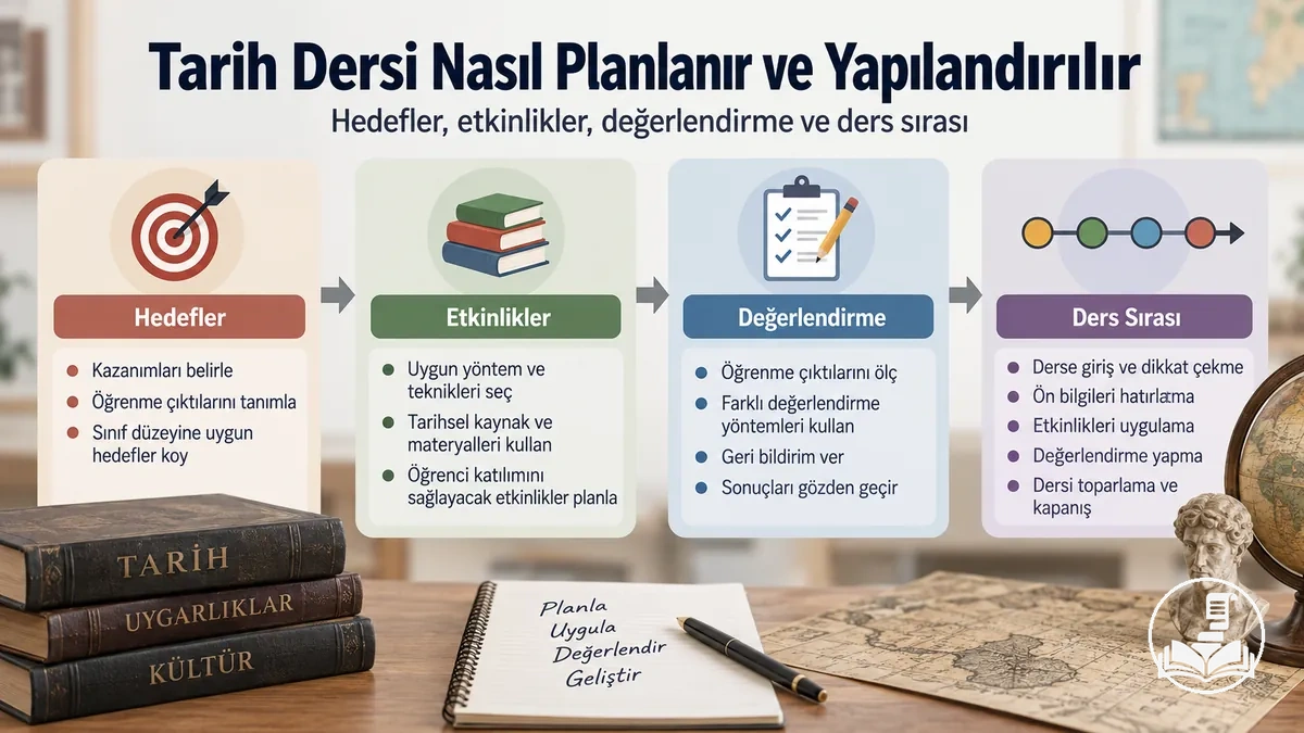 Hedefler, etkinlikler, değerlendirme ve ders sırasına göre düzenlenmiş Tarih ders planı