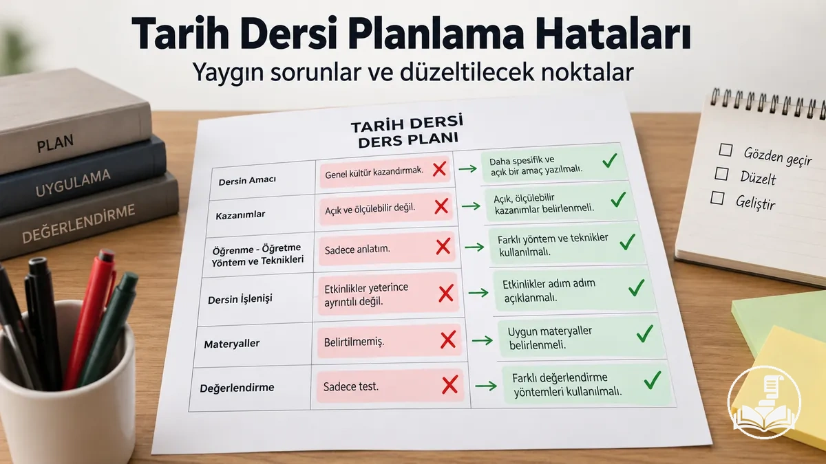Yaygın planlama hataları ve düzeltilmesi gereken noktaları gösteren tarih ders planı